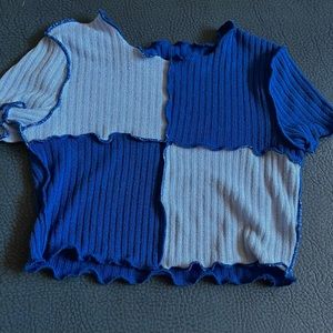 xxs, cropped, blue color block, ribbed womens T